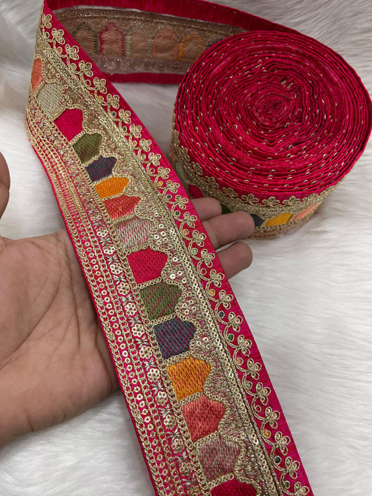 Sabyasachi Inspired Embroidery Lace Borders – 9 Meters, 3-Inch Width, Handcrafted Elegance | Tomato