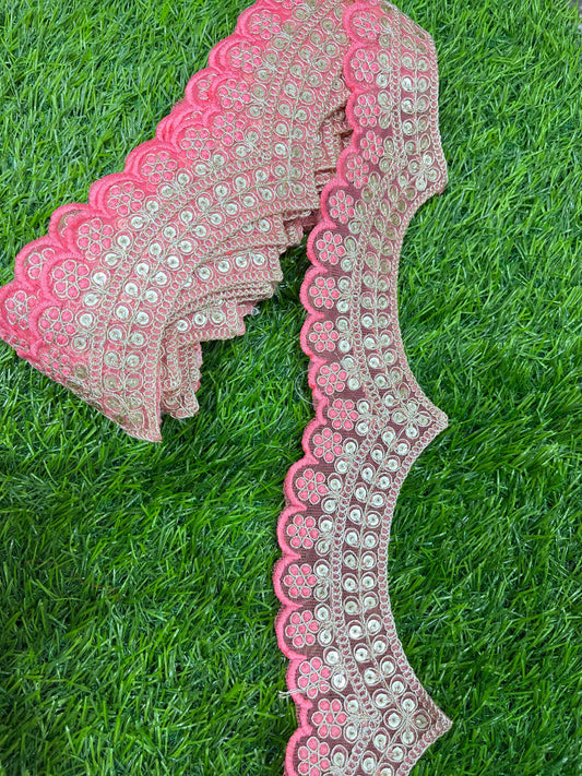 Embroidery Scallop Lace | Sequins Embellishment Trim | Craft Decorative Saree Lace – 9 Meters, 2-Inch Width | Tomato