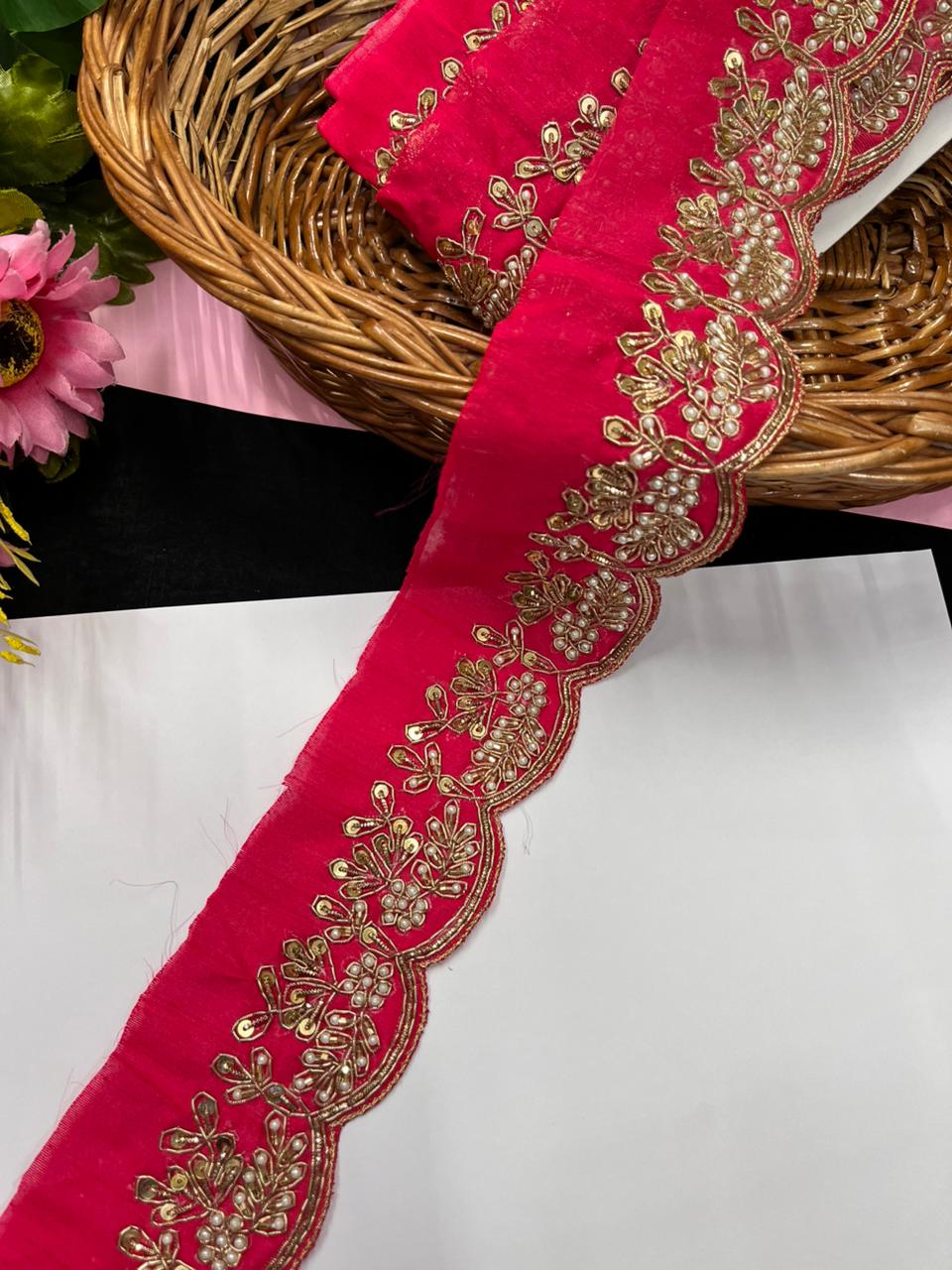Handmade Scalloped Zardozi & Pearl Maggam Work Saree Lace Borders – Premium Bridal Maggam Lace | Tomato