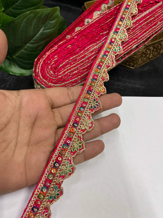 Multicolored Scalloped Sabyasachi Inspired Embroidered Lace – 9 Meters, 1-Inch Designer Trim for Sarees, Lehengas & Dupattas | Tomato