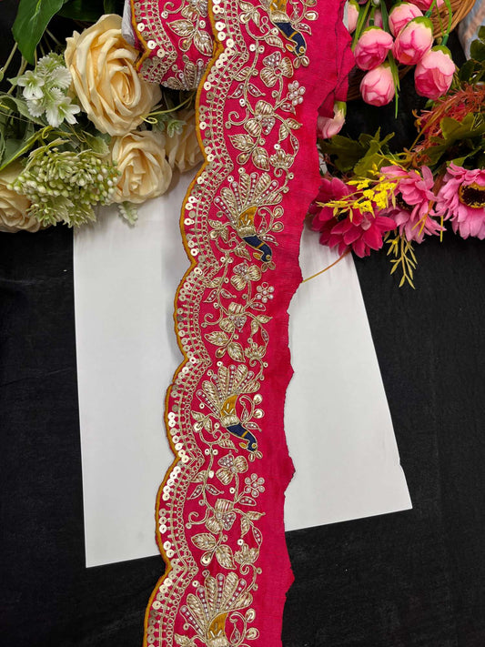Exclusive Peacock Face Maggam Work Saree Laces – 9 Meters, 3-Inch Embroidered Border for Sarees, Lehengas & Dupattas | Tomato