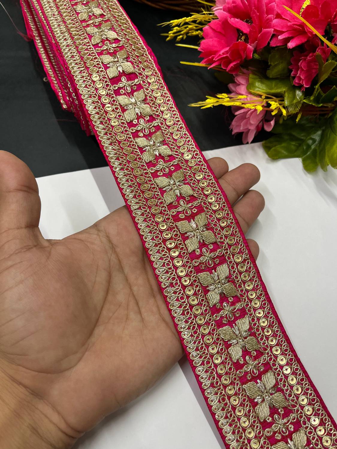 Zari Embroidered Saree Lace Border Trim for Dupatta & Dresses – Fancy Embellished Lace (9 Meter) | Tomato