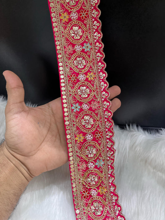 Vibrant Cutdana Beaded Embroidered Lace Border for Sarees and Lehengas – 9 Meters, 3-Inch Width | Tomato