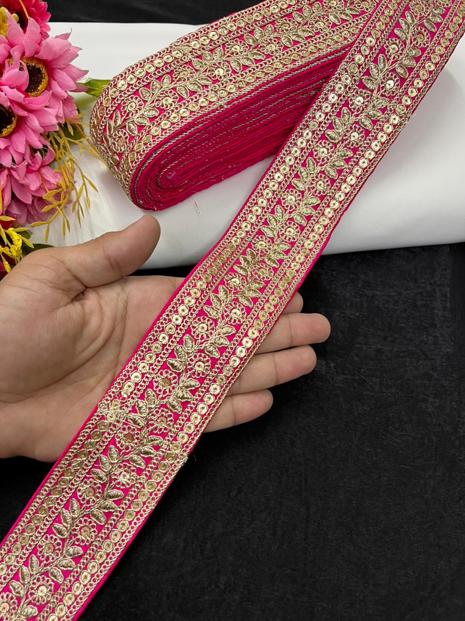 Leaf Style Embroidered Designer Lace Border for Sarees, Kurtis & Dresses – Elegant Ethnic Embroidery Lace (2 Inch) | Tomato