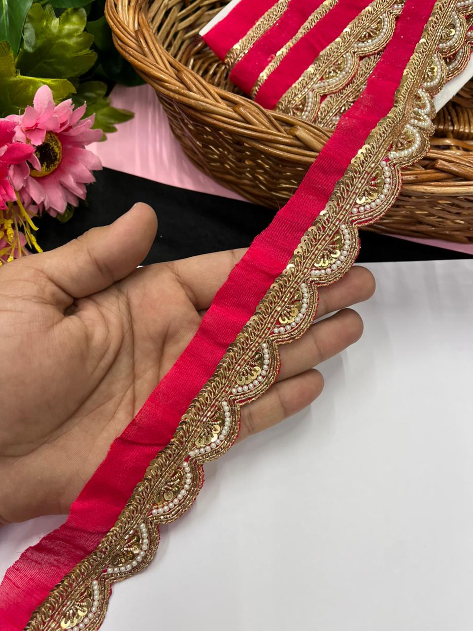 Handmade Scalloped Zardozi Maggam Work Saree Lace Borders – Premium Designer Maggam Lace | Tomato
