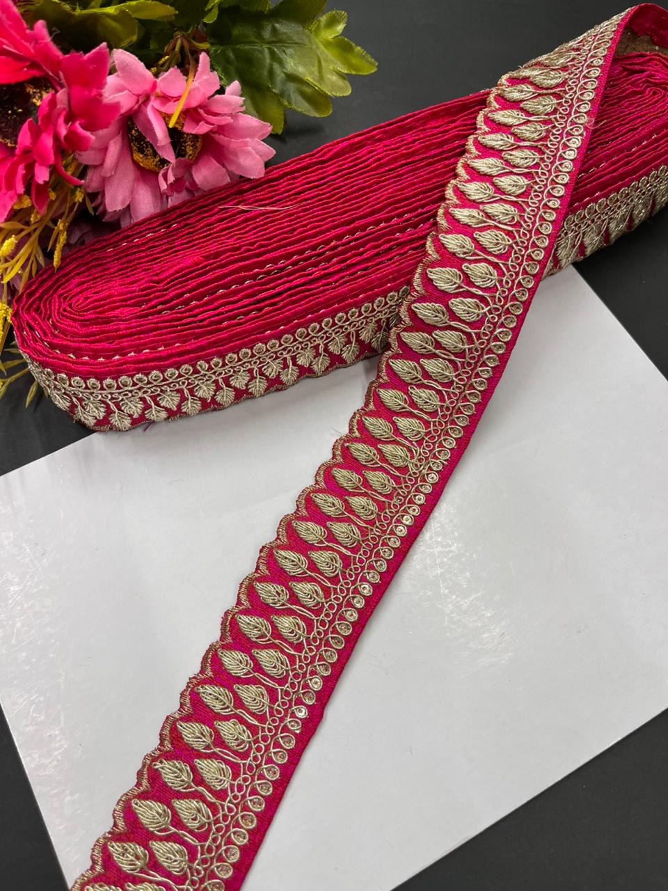 Zari Embroidered Saree Laces – Premium Designer Borders for Sarees, Lehengas & Dupattas (9 Meter, 1.5 Inch Width) | Tomato