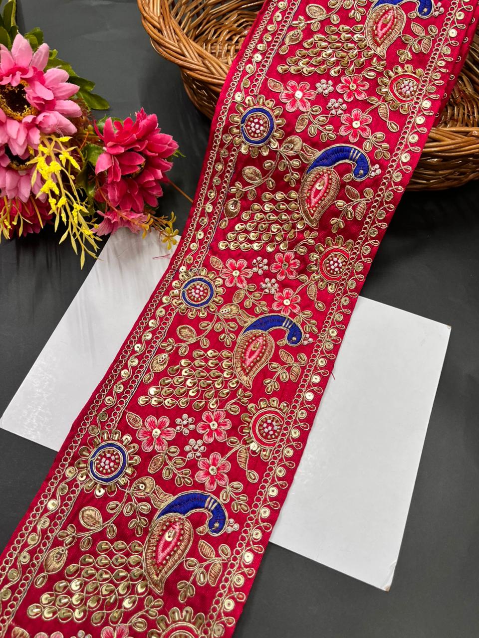 Peacock Face Bridal Lehenga Borders – Heavy Designer Embroidered Trim for Bridal Lehengas, Dupattas & Sarees (9 Meter, 5.5 Inch Width) | Tomato