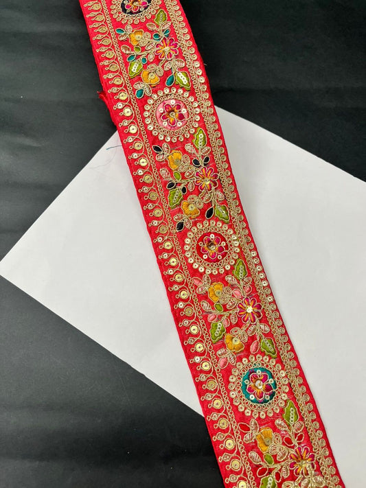 Beautiful Floral Multicoloured Sabyasachi Inspired Saree Lace – Designer Embroidered Border (9 Meter) | Tomato