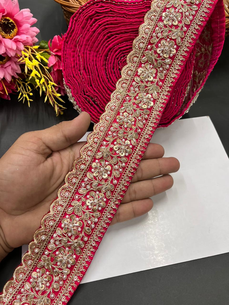 Beaded Embroidered Bridal Laces – Premium Maggam Work Borders for Sarees, Lehengas & Dupattas (9 Meter, 2.5 Inch Width) | Tomato