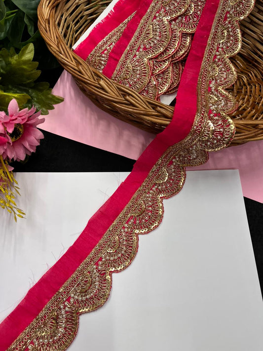 Handmade Scalloped Zardozi Maggam Work Saree Lace Borders – Premium Designer Maggam Lace | Tomato