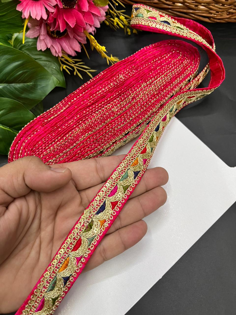 Sabyasachi Inspired Embroidered Saree Lace – Premium Designer Border for Sarees, Dupattas, Lehengas & Couture Wear (9 Meter, 1 Inch Width) | Tomato