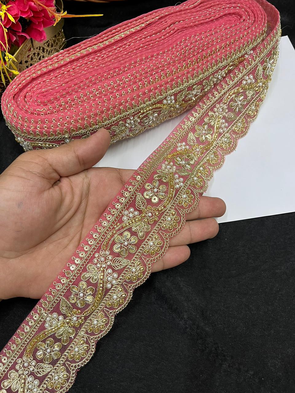 Designer Maggam Work Saree Border on Net Fabric – Handcrafted Embroidered Lace for Sarees, Blouses & Lehengas (2 Inch) | Tomato