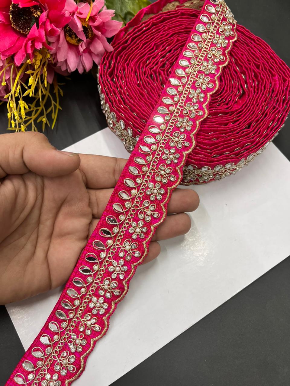 Luxurious Mirror Work with Diamond Laces – Designer Maggam Work Borders for Sarees, Lehengas & Dupattas (9 Meter, 1.5 Inch Width) | Tomato