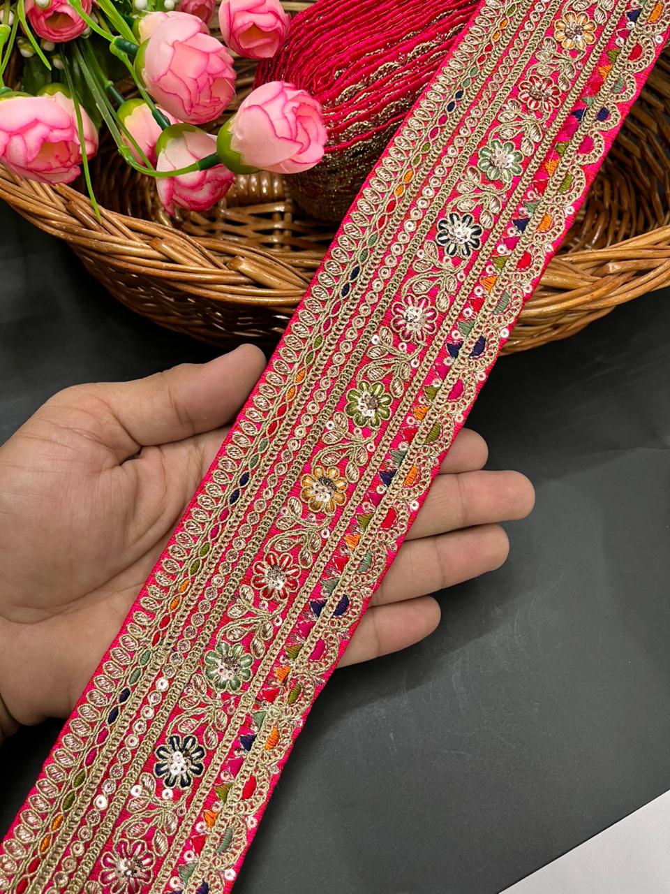 Classic Embroidered Sabyasachi Inspired Saree Lace Borders – Luxury Designer Embellished Lace for Sarees, Lehengas & Dupattas (9 Meter, 2.5 Inch Width) | Tomato
