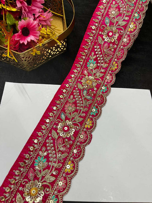 Multicoloured Sabyasachi Inspired Beaded & Katdana Work Saree Lace Border – Premium Maggam Work Trim for Bridal & Designer Wear (9 Meter, 3.5 Inch Width) | Tomato