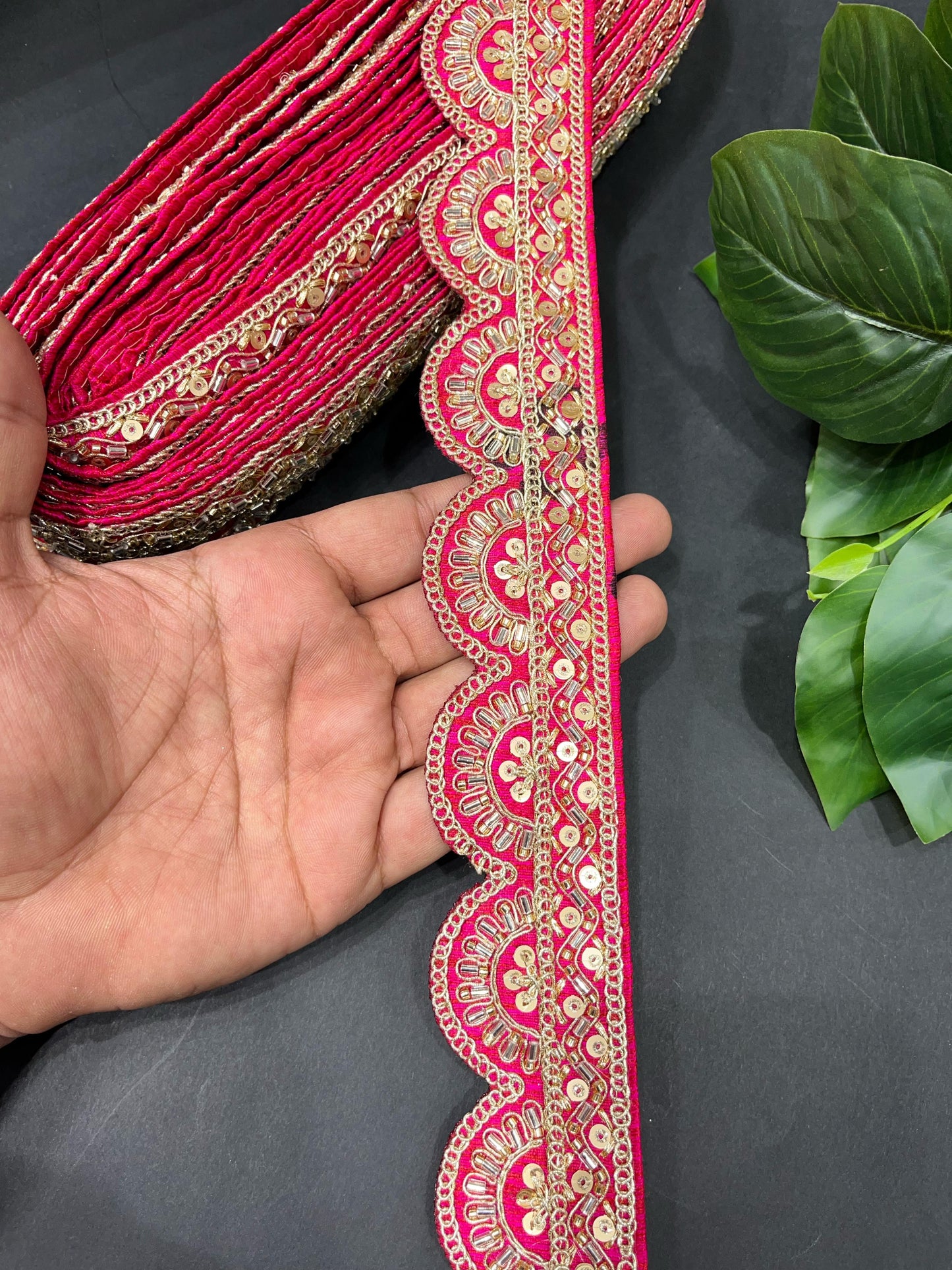 Cutdana Sequin Handmade Embroidered Lace – 9 Meters, 2-Inch Width | Maggam Work Lace | Tomato