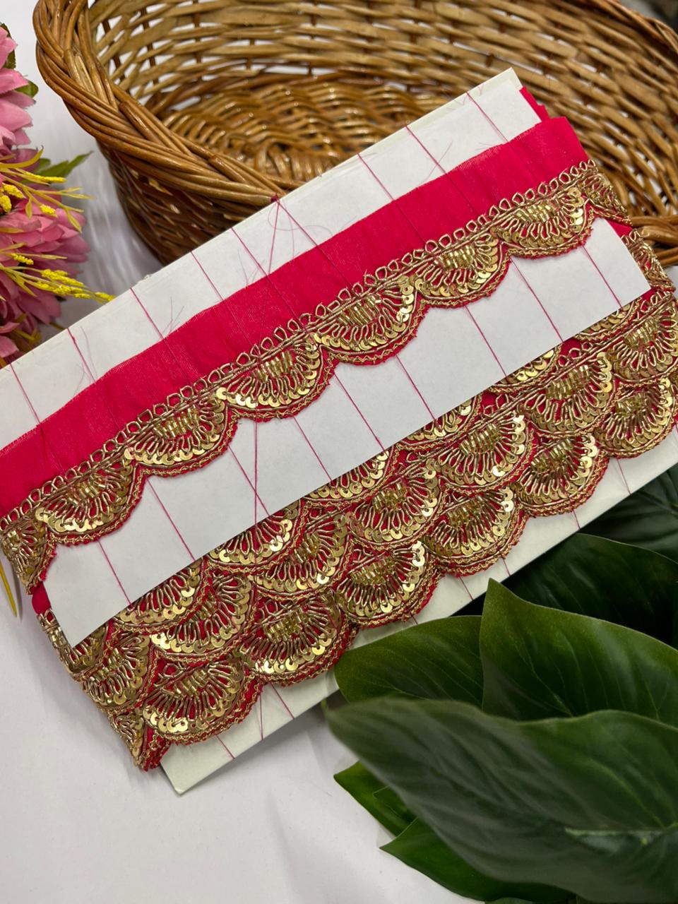 Handmade Scalloped Zardozi Maggam Work Saree Lace Borders – Premium Designer Maggam Lace | Tomato
