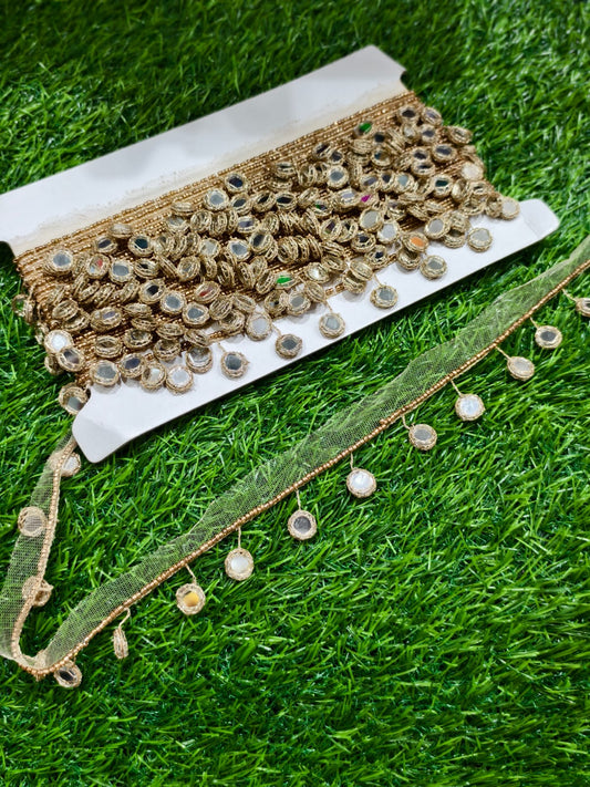 Mirror Work Hanging Lace for Sarees, Lehengas & Dupattas – Designer Handmade Latkan Lace Border (1 Inch) | Unique Gold