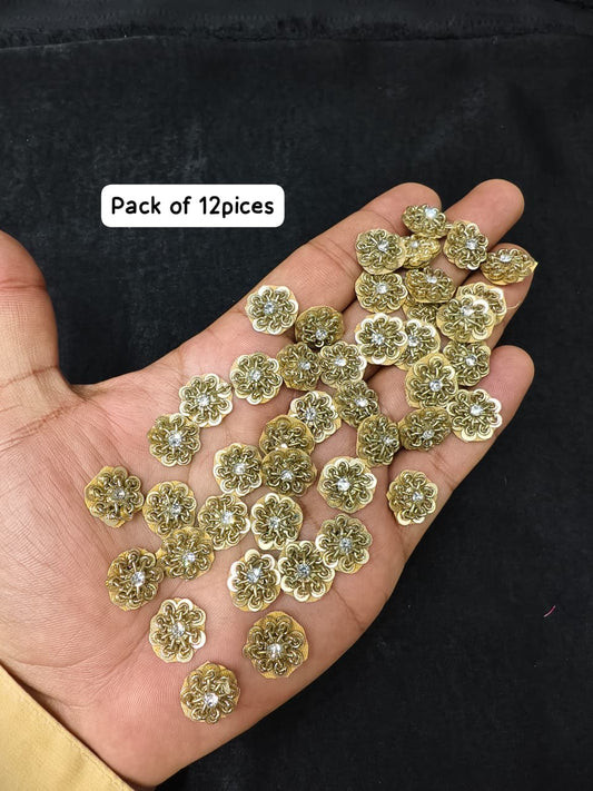 Beautiful Handmade Zardozi Work Buttis Decorative Crafting Patches for Saree, Lehenga & Blouse – Sew On Applique Badge Set (12 Pieces) | Unique Gold