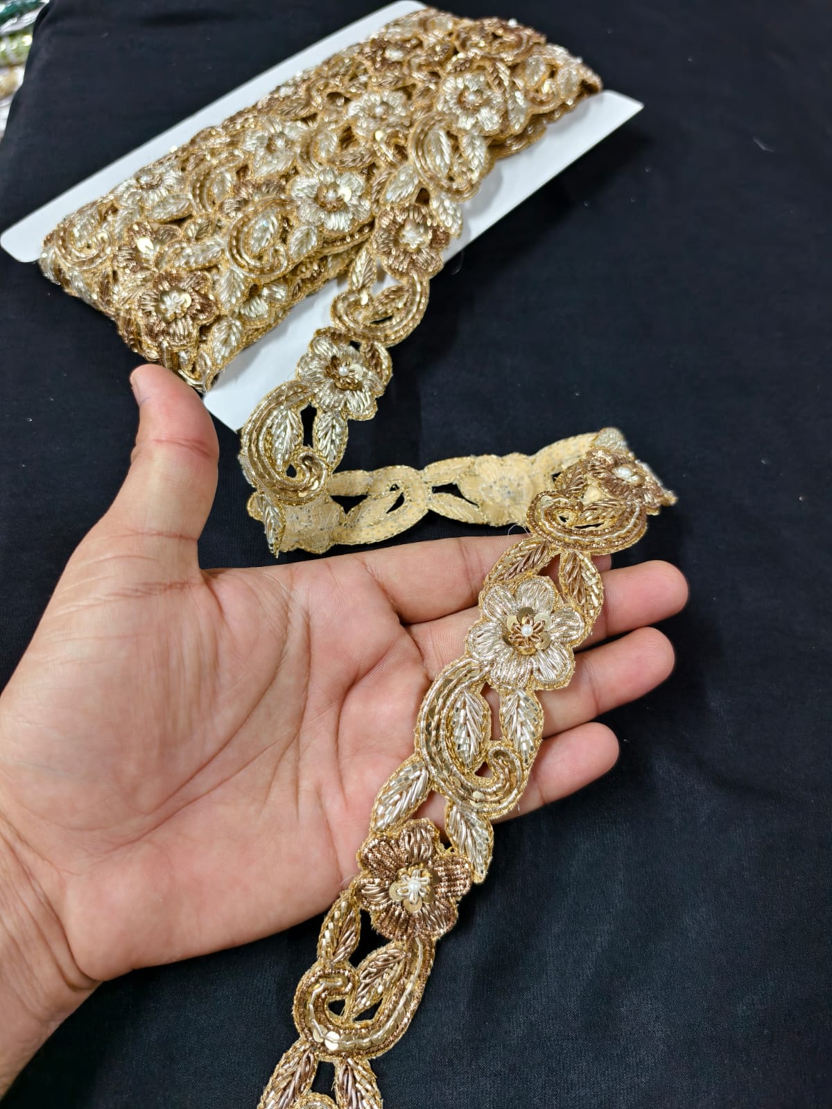 Handmade Cutdana & Zardozi Work Lace for Sarees, Lehengas, Dupattas & Blouses – Premium Handcrafted Embellished Lace Border (1.5 Inch) | DC1046 | Unique Gold