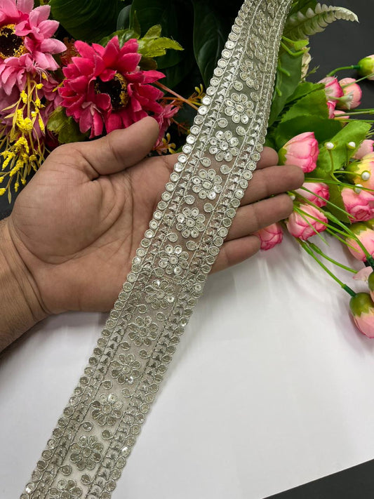 Flower Design Sequins Embroidered Zari Laces – Premium 2 Inch Gold Designer Border for Sarees, Lehengas, Dupattas & Festive Wear (9 Meter) | Water Gold