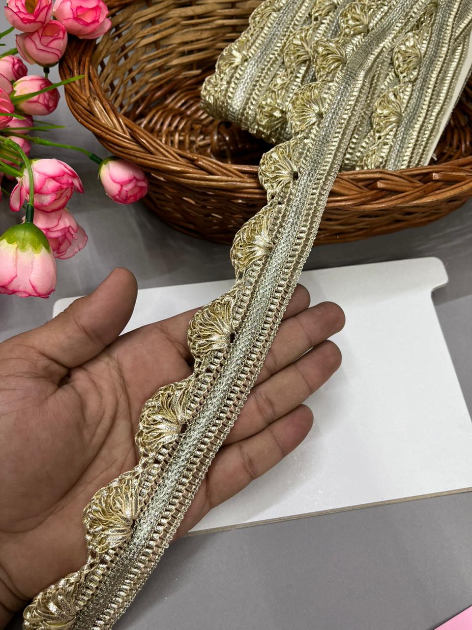 Gota Pankha Lace – Premium Gold Embroidered Border for Sarees, Lehengas & Dupattas (9 Meter, 1.5 Inch Width) | Water Gold