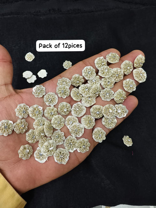 Beautiful Handmade Zardozi Work Buttis Decorative Crafting Patches for Saree, Lehenga & Blouse – Sew On Applique Badge Set (12 Pieces) | Water Gold