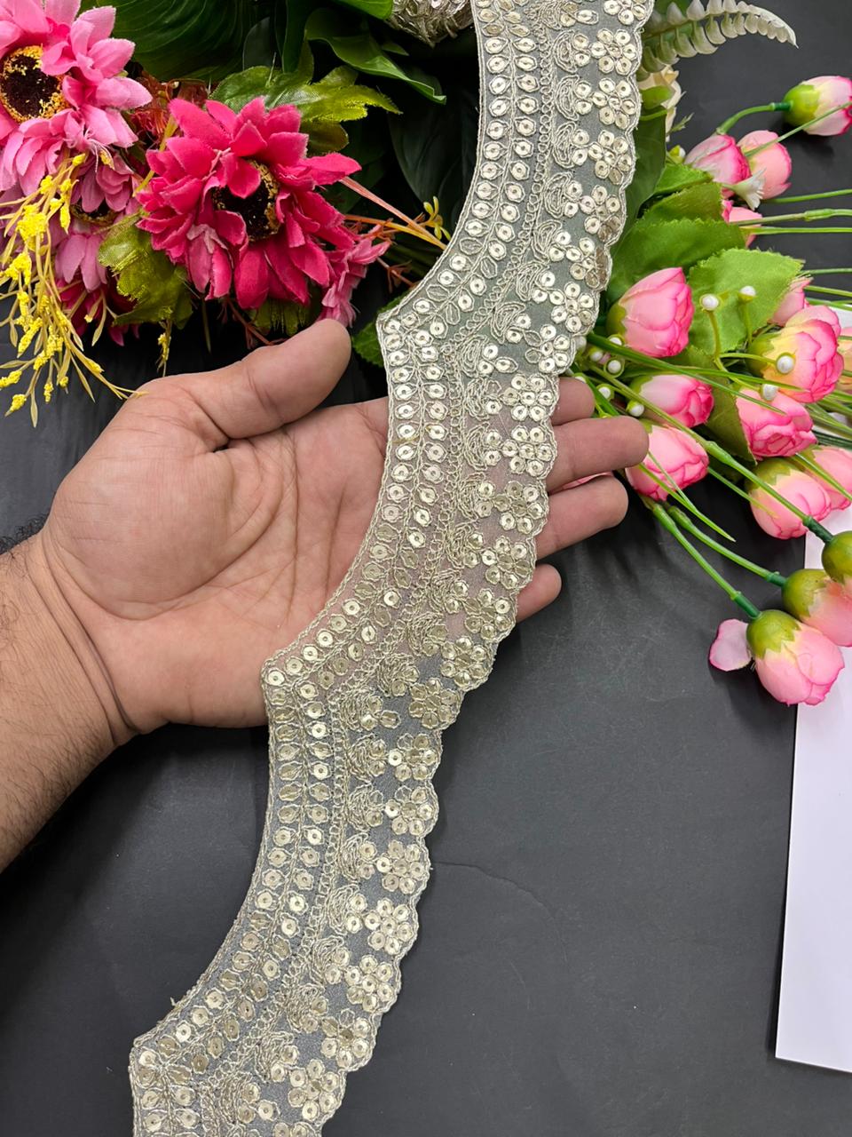 Scalloped Sequins Embroidered Zari Lace – Premium 2 Inch Gold Designer Border for Sarees, Lehengas, Dupattas & Bridal Wear (9 Meter) | Water Gold