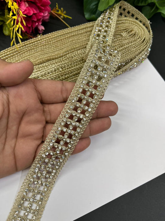 Diamond Work Lace Border – Premium 1 Inch Gold Embellished Lace for Sarees, Dupattas, Lehengas & Designer Wear (9 Meter) | Water Gold