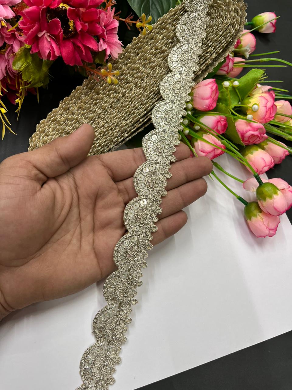 Scalloped Embroidered Zari Lace Border – Elegant 1 Inch Gold Designer Lace for Sarees, Dupattas & Festive Wear (9 Meter) | Water Gold