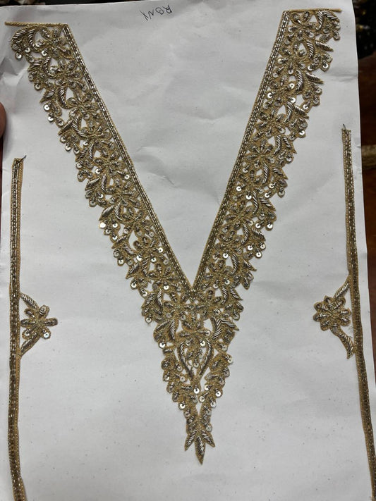 Handwork Zardozi Neck Patch With Sleeves – Premium Designer Embellished Neckline for Kurtis, Blouses, Suits & Ethnic Wear | Water Gold