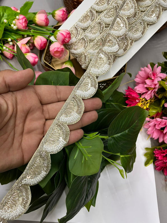 Handmade Scalloped Zardozi Border with Pearl – Premium 1 Inch Handcrafted Decorative Lace for Bridal & Ethnic Wear (9 Meter) | Water Gold