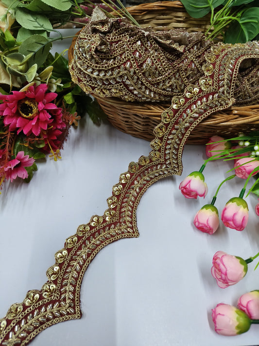 Handmade Cutdana Lace Borders – Premium Quality, Intricate Embellishments for Sarees, Lehengas, Bridal Couture, and Luxury Home Decor - Maroon