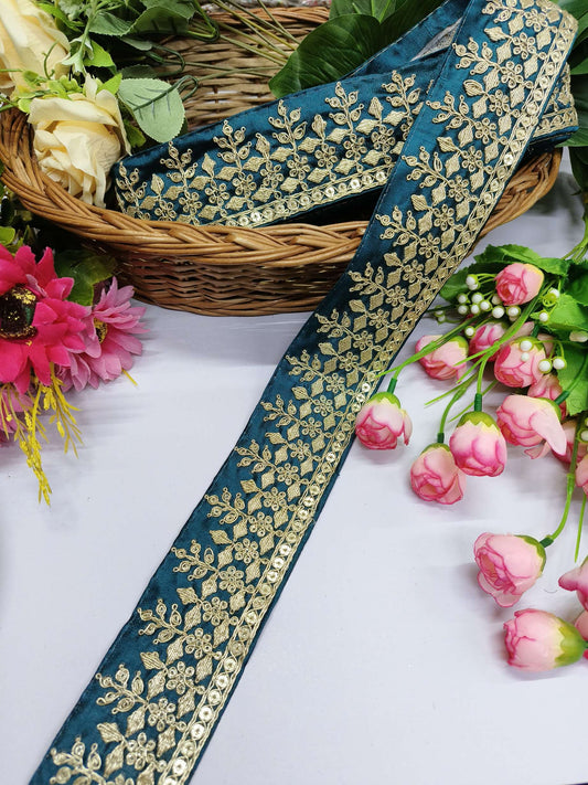 Beutiful Zari Work Embroidery Laces Dupattas Borders – Premium Quality, Intricate Embellishments for Sarees, Lehengas, Bridal Couture, and Luxury Home Decor - Kerosene blue