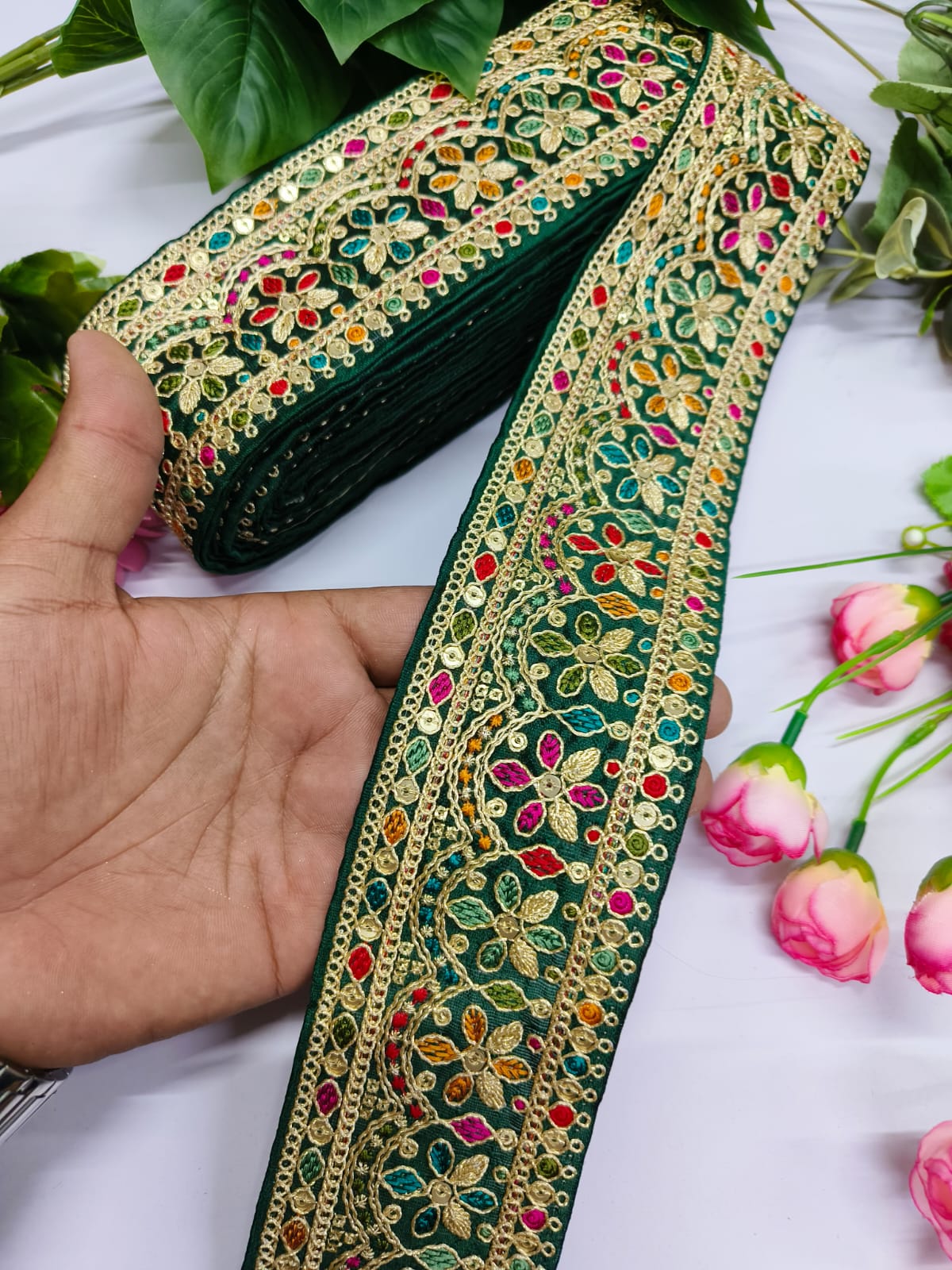 Embroidery Zari Work With Multi Thared Sabhyasachi Laces Saree Dupattas Borders – Premium Quality for Sarees, Lehengas, Dresses and Crafts Decoration - Green With Multi
