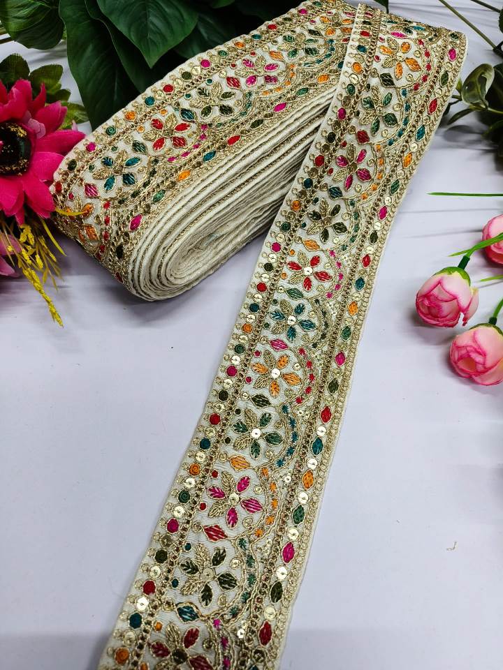 Embroidery Zari Work With Multi Thared Sabhyasachi Laces Saree Dupattas Borders – Premium Quality for Sarees, Lehengas, Dresses and Crafts Decoration - White