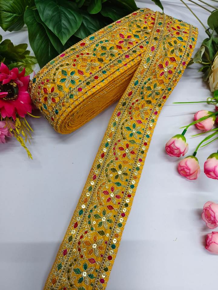 Embroidery Zari Work With Multi Thared Sabhyasachi Laces Saree Dupattas Borders – Premium Quality for Sarees, Lehengas, Dresses and Crafts Decoration - Yellow