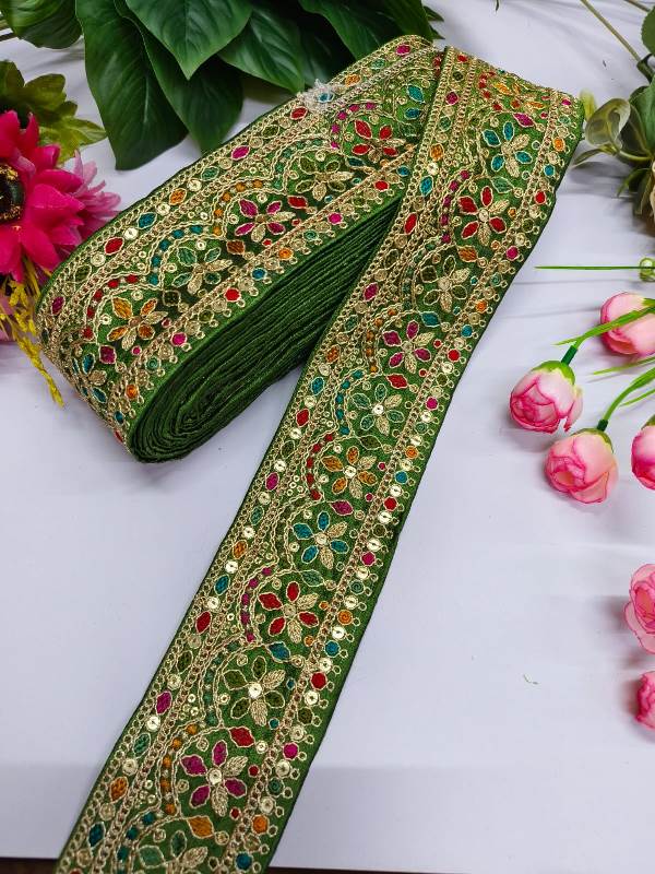 Embroidery Zari Work With Multi Thared Sabhyasachi Laces Saree Dupattas Borders – Premium Quality for Sarees, Lehengas, Dresses and Crafts Decoration - Mehndi Green With Multi