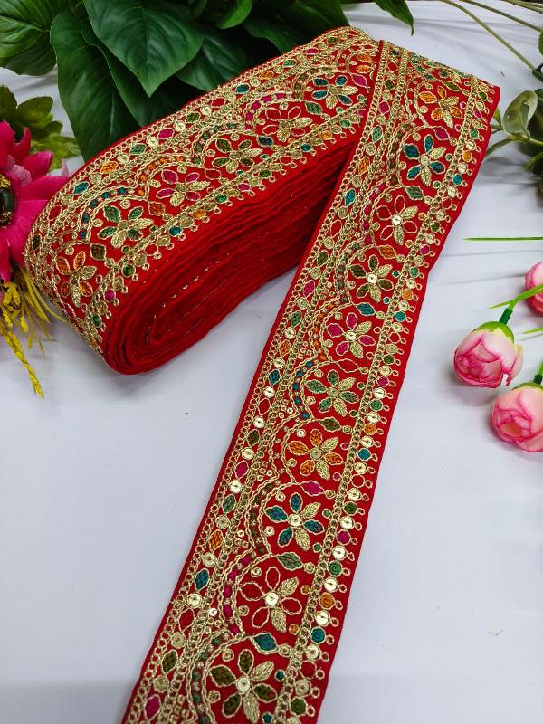 Embroidery Zari Work With Multi Thared Sabhyasachi Laces Saree Dupattas Borders – Premium Quality for Sarees, Lehengas, Dresses and Crafts Decoration - Red