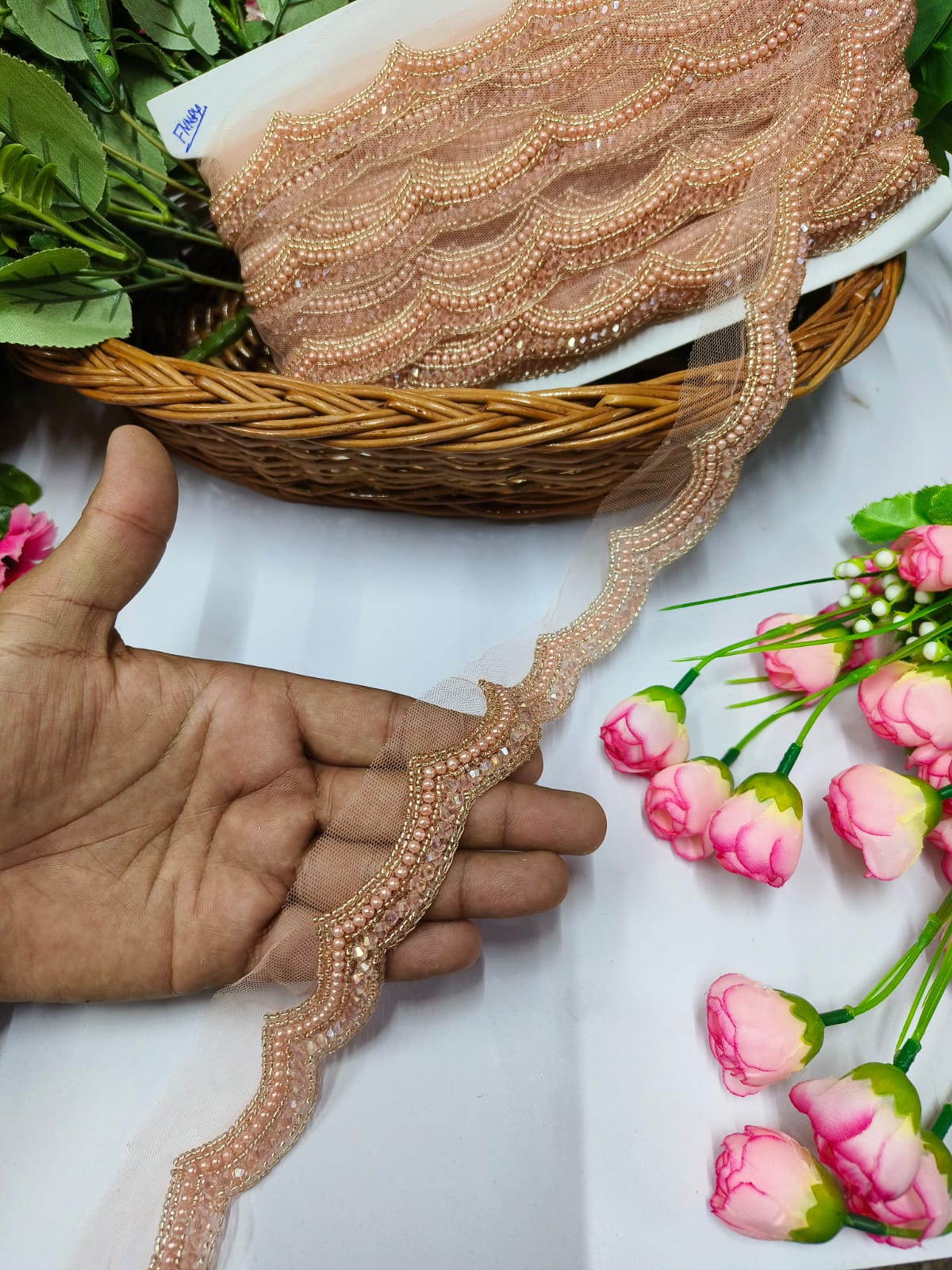Handmade Crystal Border Trims Indian Embroidery Saree Border Crafting Saree Sewing Decorative Beach Bag Cushions Trimmings Ribbons Tape, Jewelry Making Trim, Table Runner Lace - Rose Gold