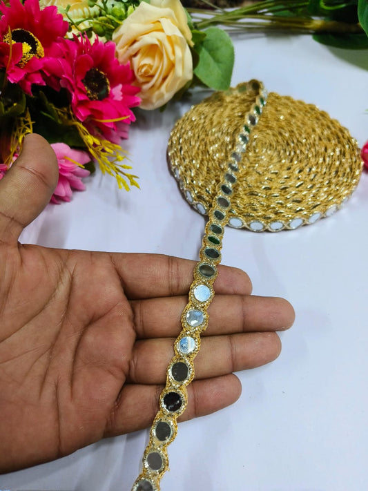 Deeps Creation New Mirror + Jardoshi Handwork Lace Borders – Premium Quality, Intricate Embellishments for Sarees, Lehengas, Bridal Couture, and Luxury Home Decor -  Gold