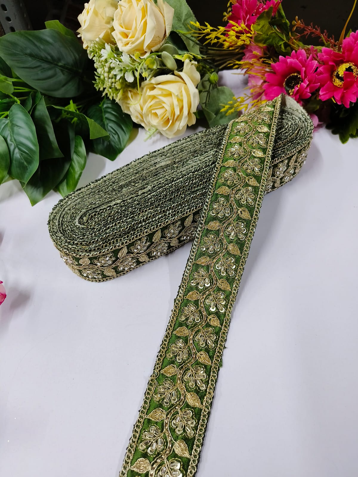 Deeps Creation New Jardoshi with Maggam Work Lace – Premium Quality, Intricate Embellishments for Sarees, Lehengas, Bridal Couture, and Luxury Home Decor - Mahendi Green