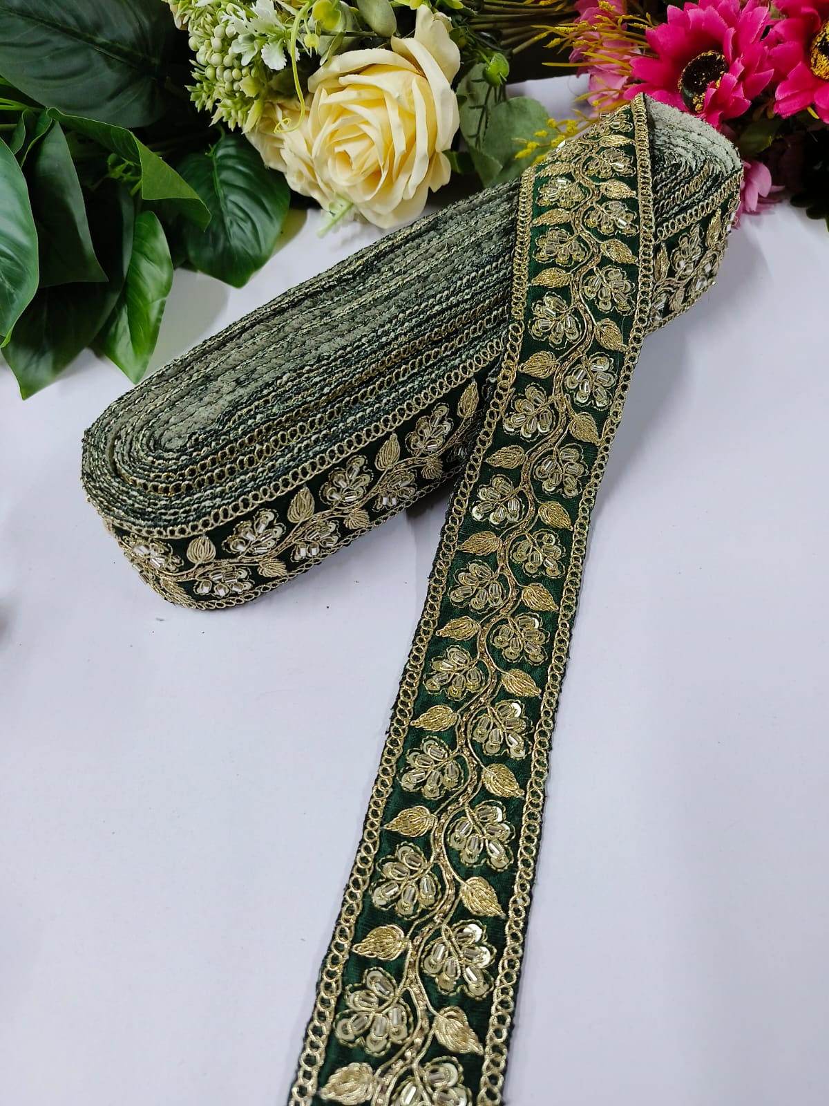 Deeps Creation New Jardoshi with Maggam Work Lace – Premium Quality, Intricate Embellishments for Sarees, Lehengas, Bridal Couture, and Luxury Home Decor - Dark Green