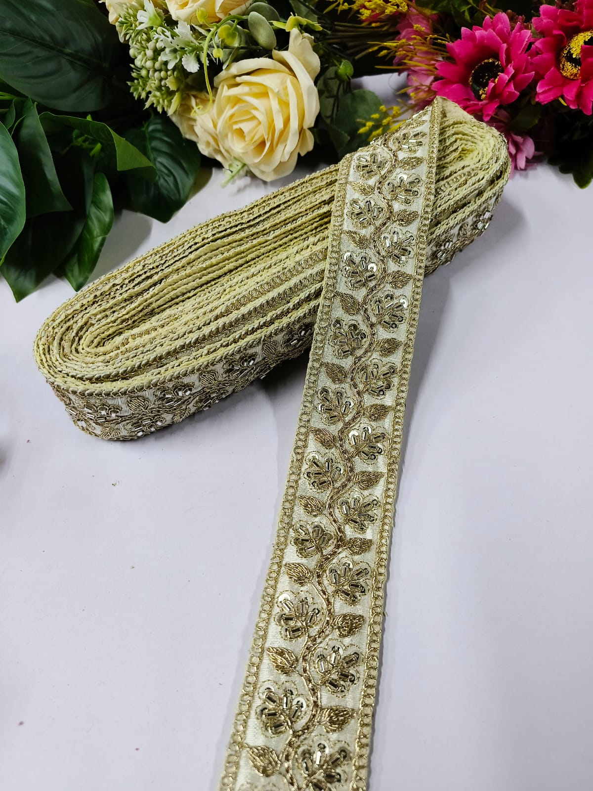 Deeps Creation New Jardoshi with Maggam Work Lace – Premium Quality, Intricate Embellishments for Sarees, Lehengas, Bridal Couture, and Luxury Home Decor - White