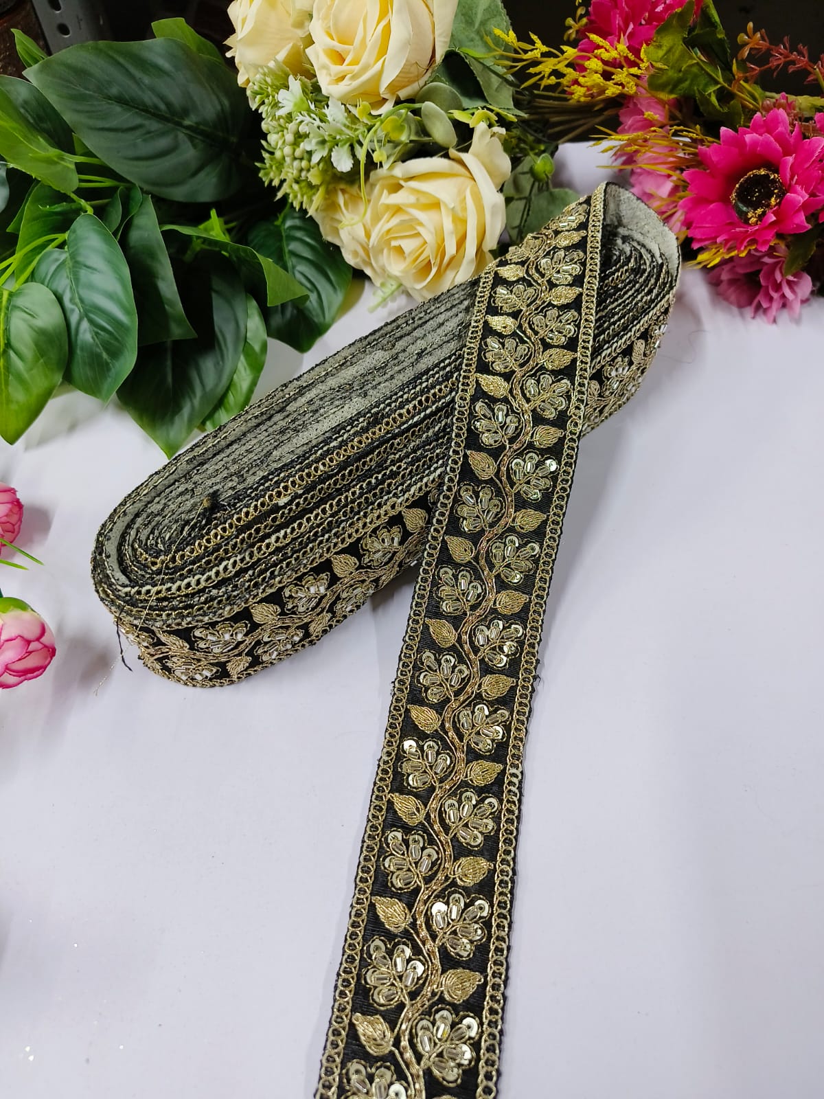 Deeps Creation New Jardoshi with Maggam Work Lace – Premium Quality, Intricate Embellishments for Sarees, Lehengas, Bridal Couture, and Luxury Home Decor - Black