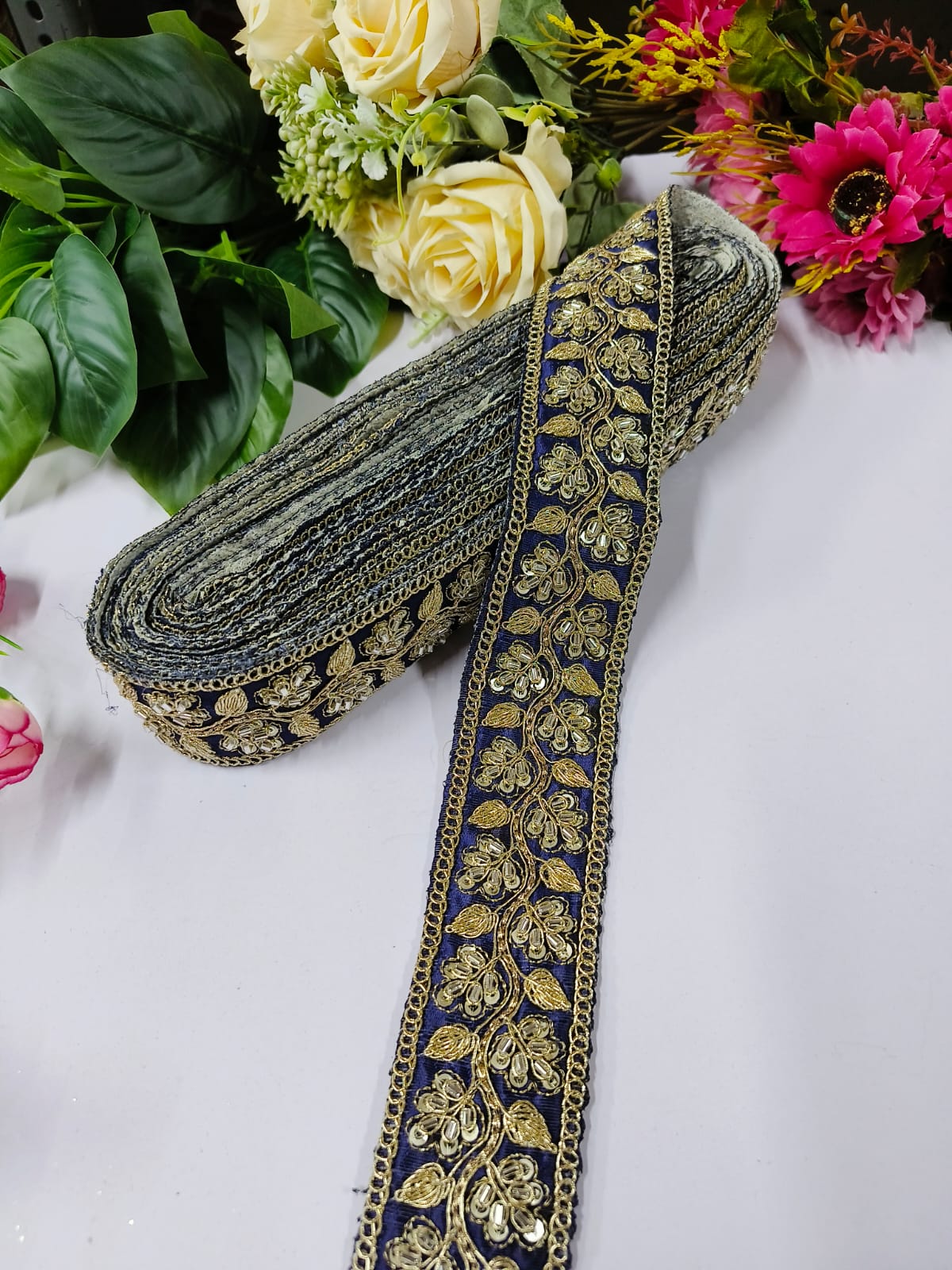 Deeps Creation New Jardoshi with Maggam Work Lace – Premium Quality, Intricate Embellishments for Sarees, Lehengas, Bridal Couture, and Luxury Home Decor - Navy Blue