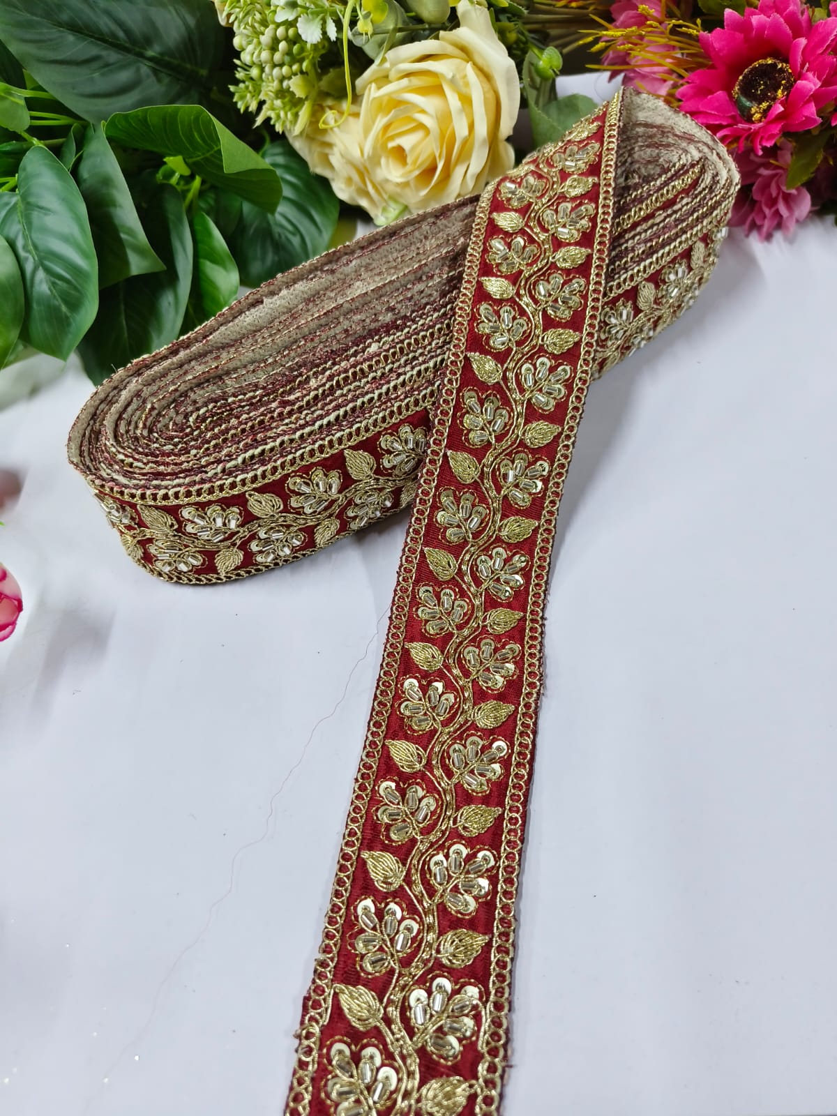 Deeps Creation New Jardoshi with Maggam Work Lace – Premium Quality, Intricate Embellishments for Sarees, Lehengas, Bridal Couture, and Luxury Home Decor - Maroon
