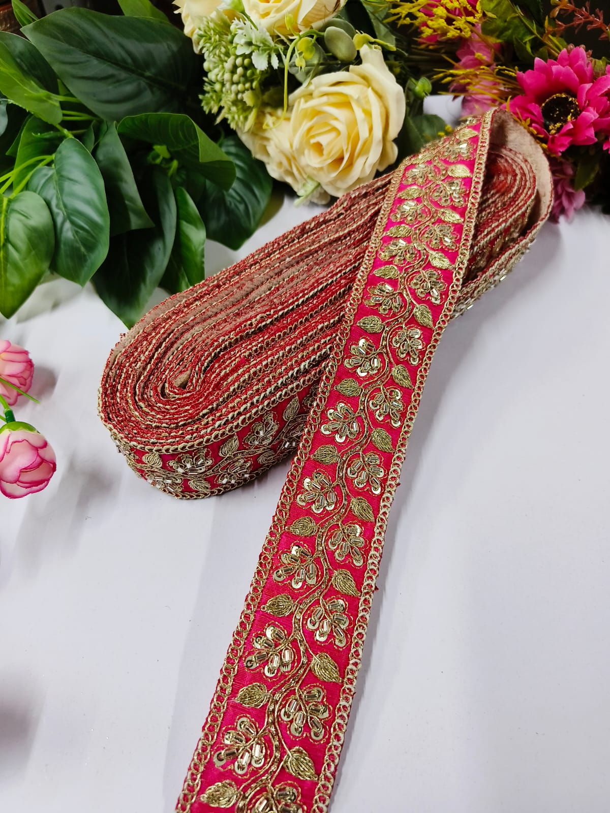Deeps Creation New Jardoshi With Pearl Work Handwork Lace Borders – Premium Quality, Intricate Embellishments for Sarees, Lehengas, Bridal Couture, and Luxury Home Decor - Maharani Pink