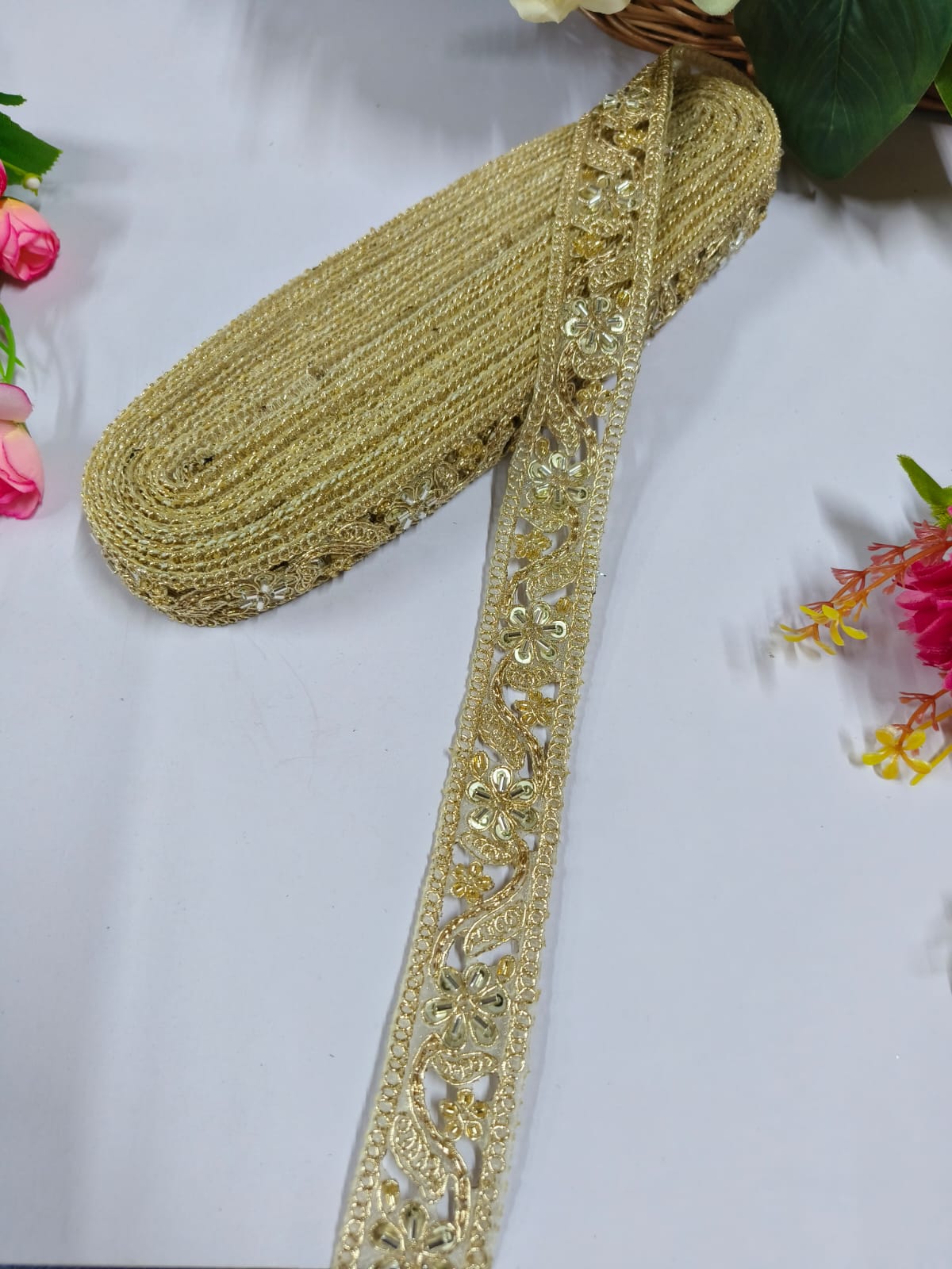 New Cutdana Cutwork Gold Lace Embroidery Sari Border Crafting Saree Sewing Decorative Beach Bag Cushions Trimmings Ribbons Tape, Jewelry Making Trim, Table Runner Lace - Gold