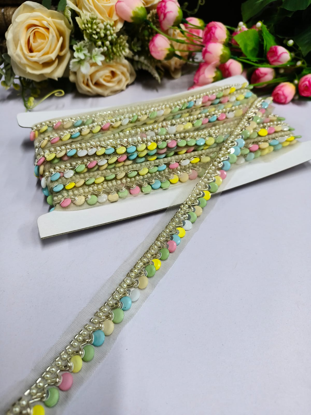 Deeps Creation Multi Beads and Jardoshi Work Laces For Use Dupattas Saree borders handmade laces Borders – Premium Quality, Intricate Embellishments for Sarees, Lehengas, Dupattas, and Luxury Home Decor - Multicolor